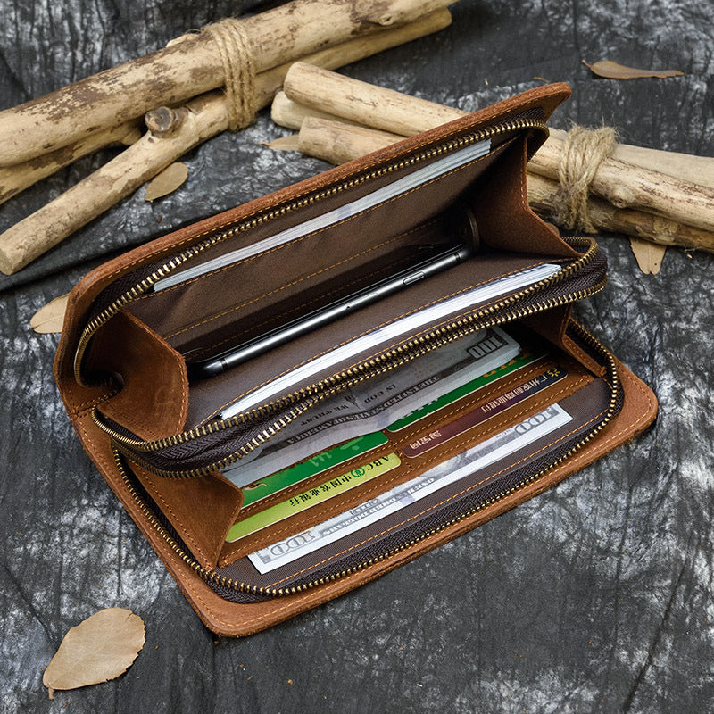 Crazy Horse Leather Double Layer Zipper Men's Wallets