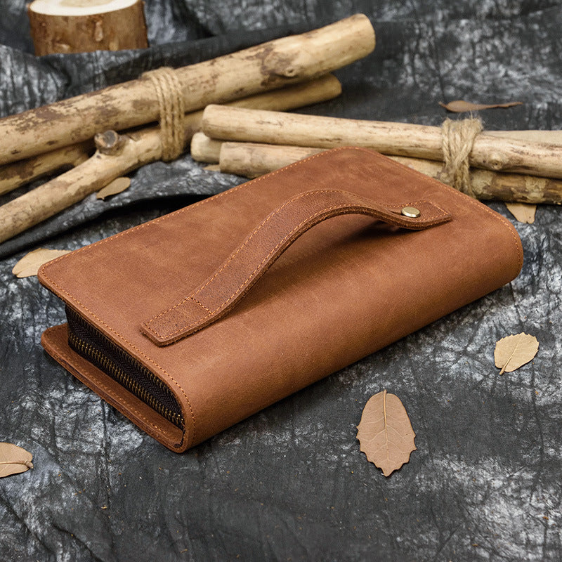 Crazy Horse Leather Double Layer Zipper Men's Wallets