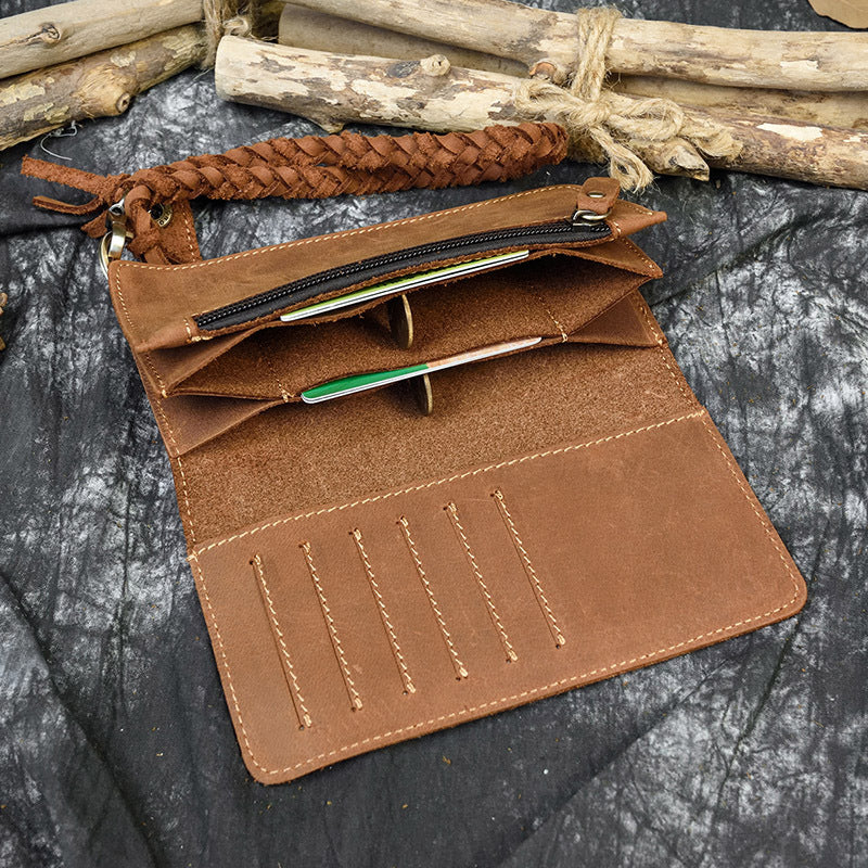 Men's Crazy Horse Leather Long Genuine Knitted Men's Wallets
