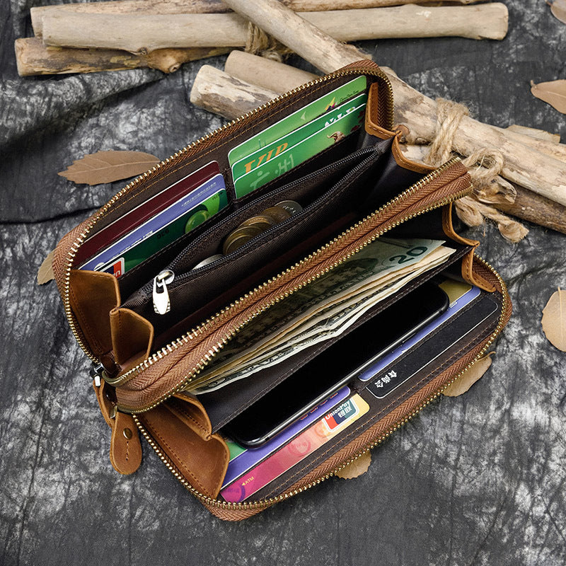 Men's Horse Leather Long Genuine Double Zip Multiple Phone Bags