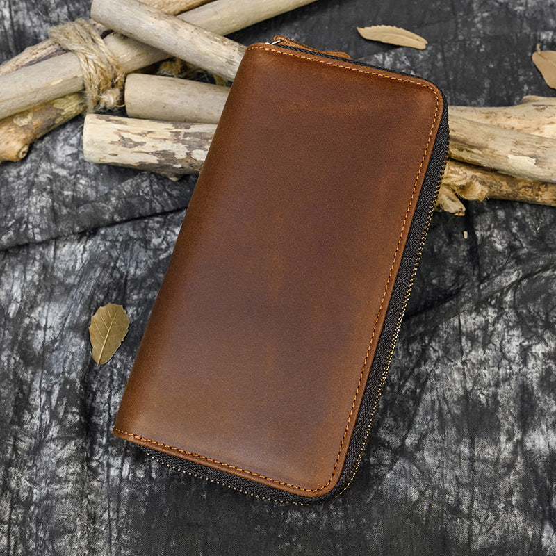 Men's Crazy Horse Leather Long Genuine Double Men's Wallets