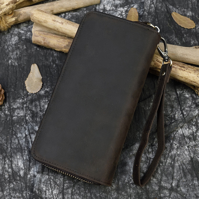 Men's Horse Leather Long Genuine Double Zip Multiple Phone Bags