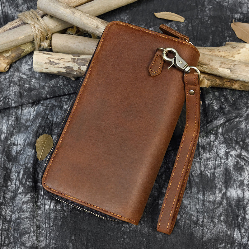 Men's Crazy Horse Leather Long Genuine Double Men's Wallets