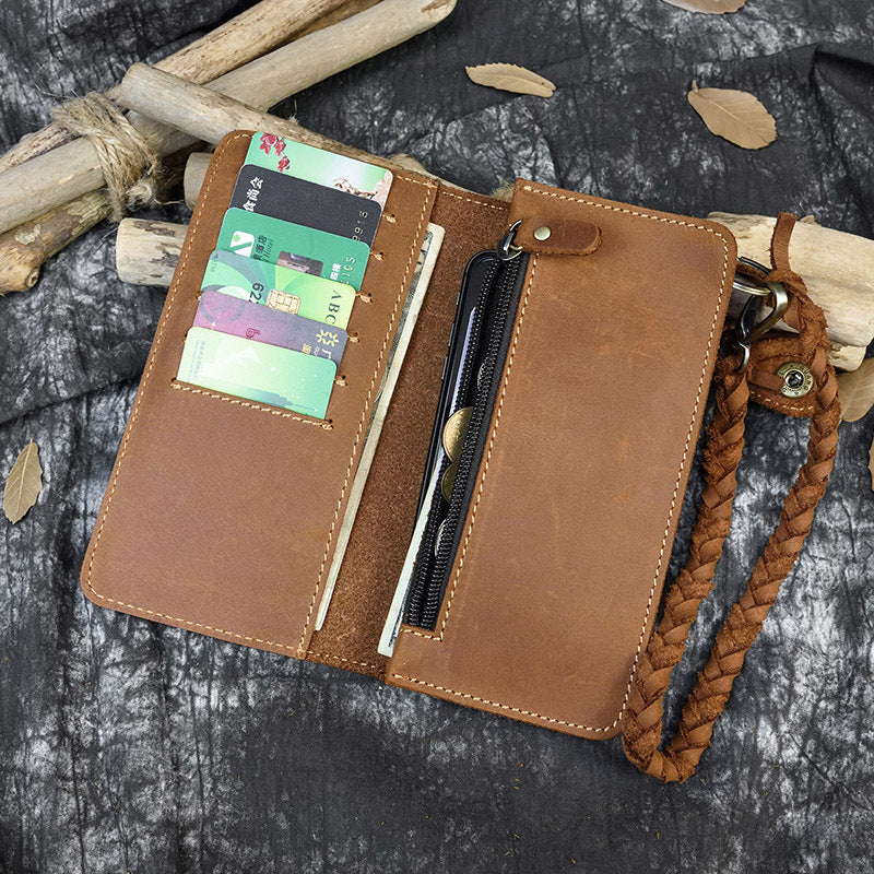 Men's Crazy Horse Leather Long Genuine Knitted Men's Wallets