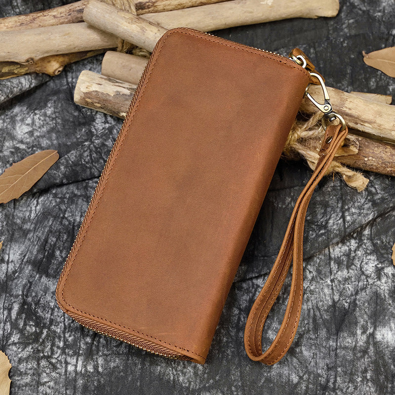 Men's Horse Leather Long Genuine Double Zip Multiple Phone Bags
