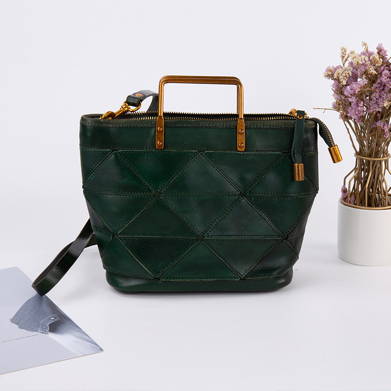 Women's Retro Versatile Geometric Stitched Cowhide Commuter Handbags