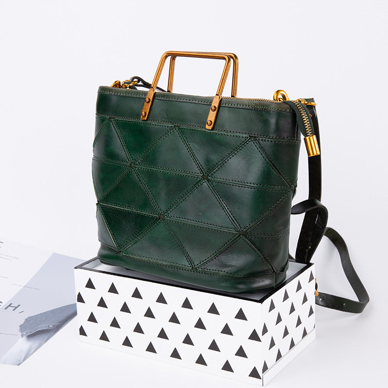 Women's Retro Versatile Geometric Stitched Cowhide Commuter Handbags