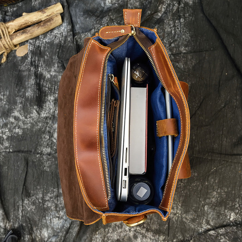 Men's Retro Clamshell Portable Crazy Horse Leather Backpacks
