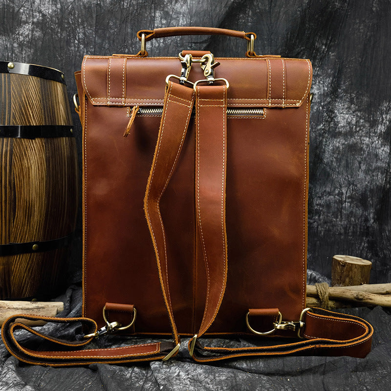 Men's Retro Clamshell Portable Crazy Horse Leather Backpacks