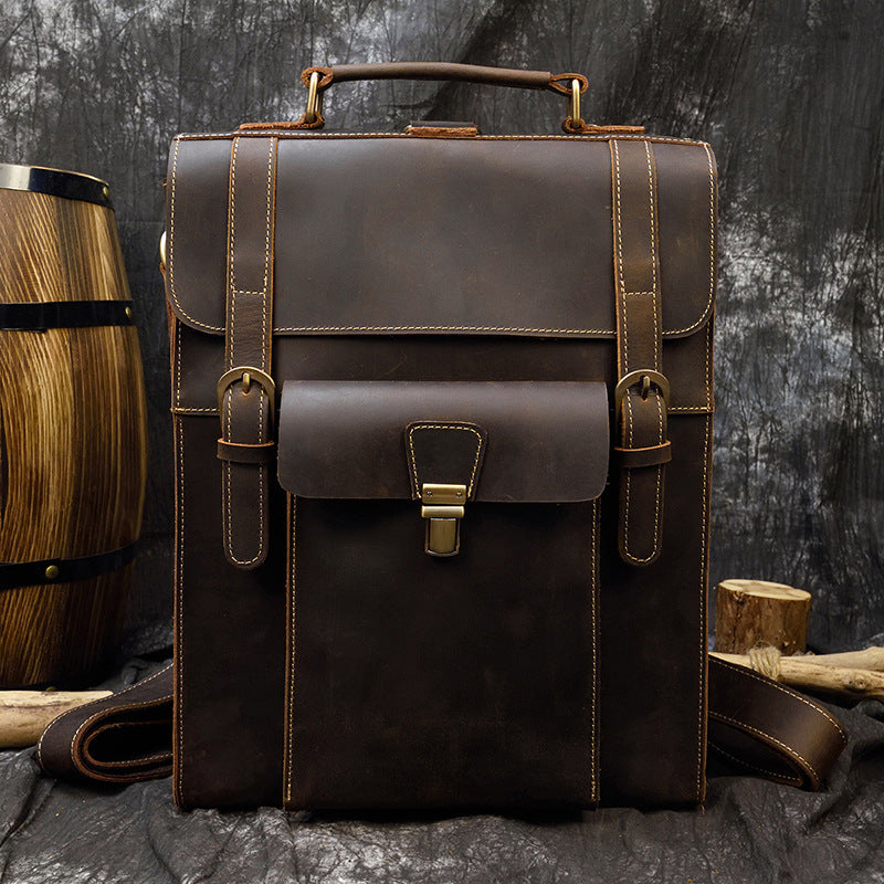 Men's Retro Clamshell Portable Crazy Horse Leather Backpacks