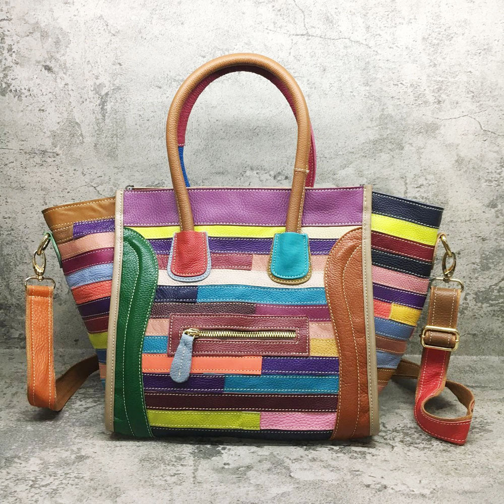 Women's Genuine Leather Cowhide Fan Real Stitching Smiling Handbags
