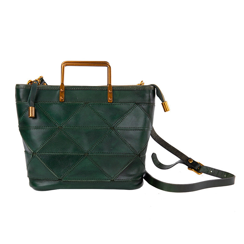 Women's Retro Versatile Geometric Stitched Cowhide Commuter Handbags