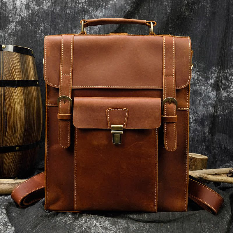 Men's Retro Clamshell Portable Crazy Horse Leather Backpacks