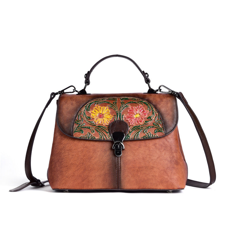 Women's Cowhide Embossed Retro Hand-rub Color Portable Handbags