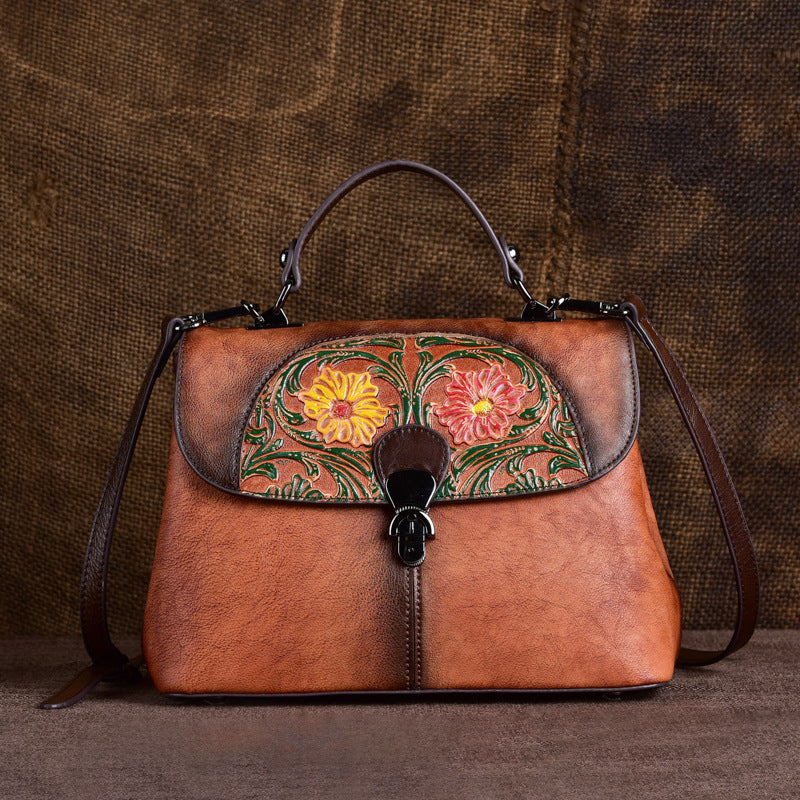 Women's Cowhide Embossed Retro Hand-rub Color Portable Handbags