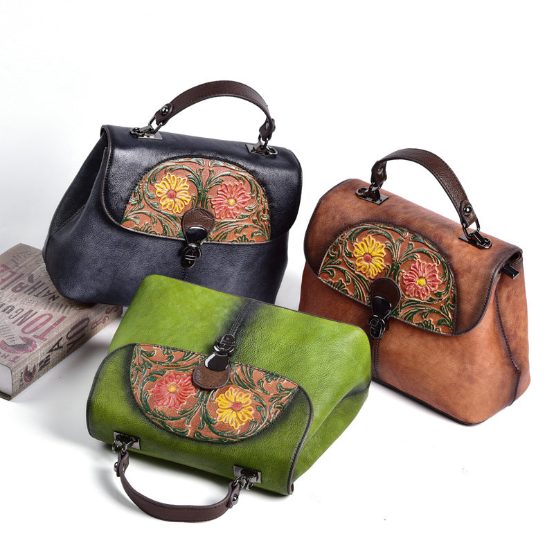 Women's Cowhide Embossed Retro Hand-rub Color Portable Handbags