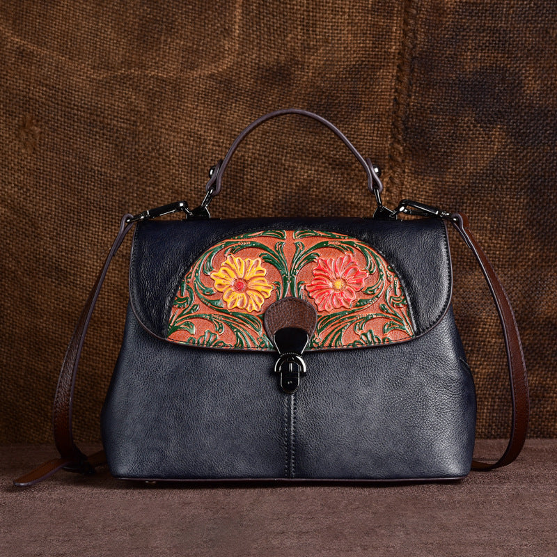 Women's Cowhide Embossed Retro Hand-rub Color Portable Handbags