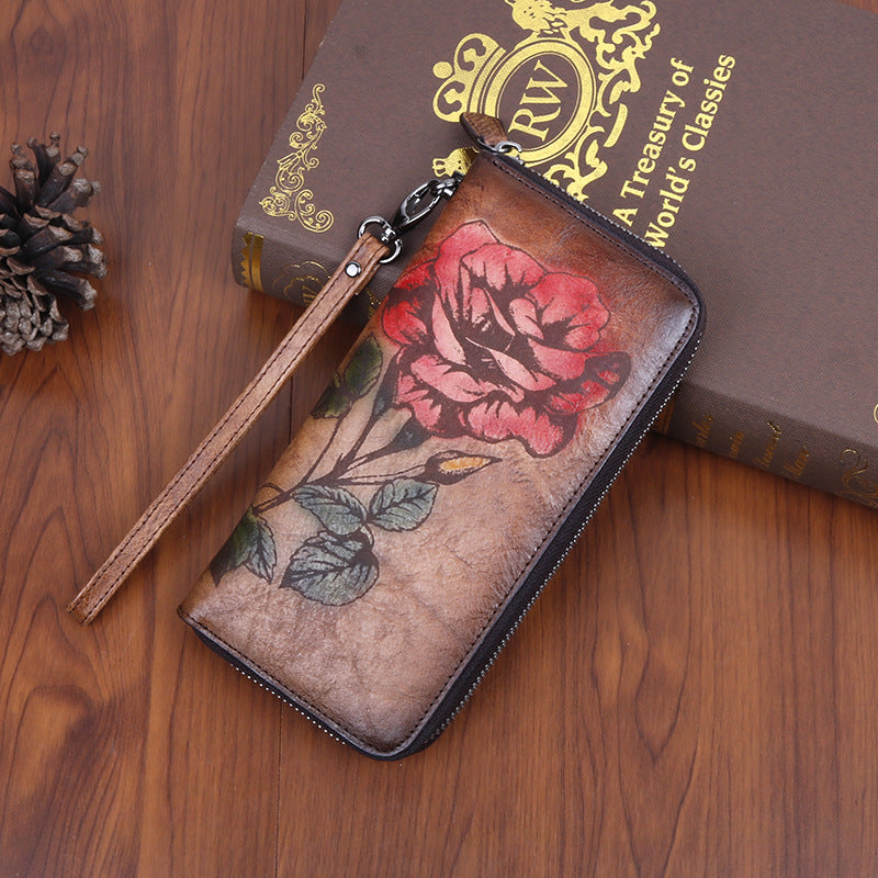 Women's Cowhide Long Zipper Printing Brushed Retro Ladies Wallets