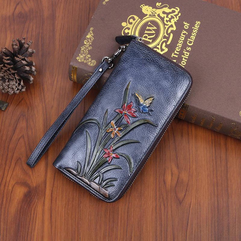 Cowhide Retro Style Multiple Slots Long Ladies Wallets