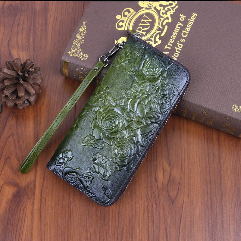 Women's Cowhide Retro Style Long Fashion Embossed Ladies Wallets