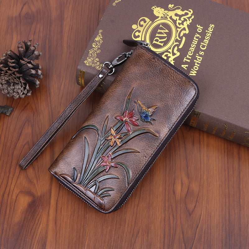 Cowhide Retro Style Multiple Slots Long Ladies Wallets