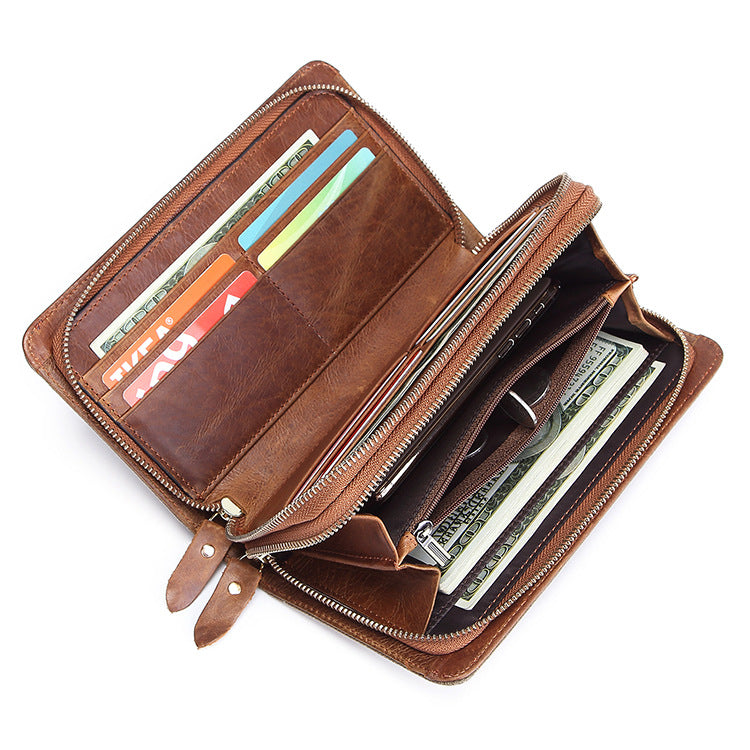 Men's Wax Cloth Zipper Long Genuine Leather First Men's Wallets