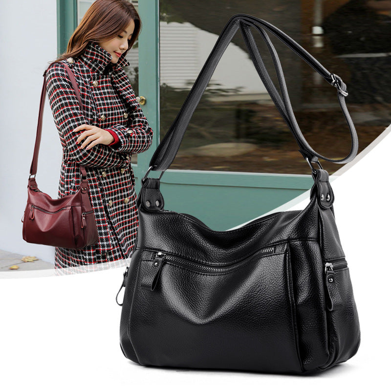 Women's Mom Cowhide Lychee Pattern Simple Soft Crossbody Bags