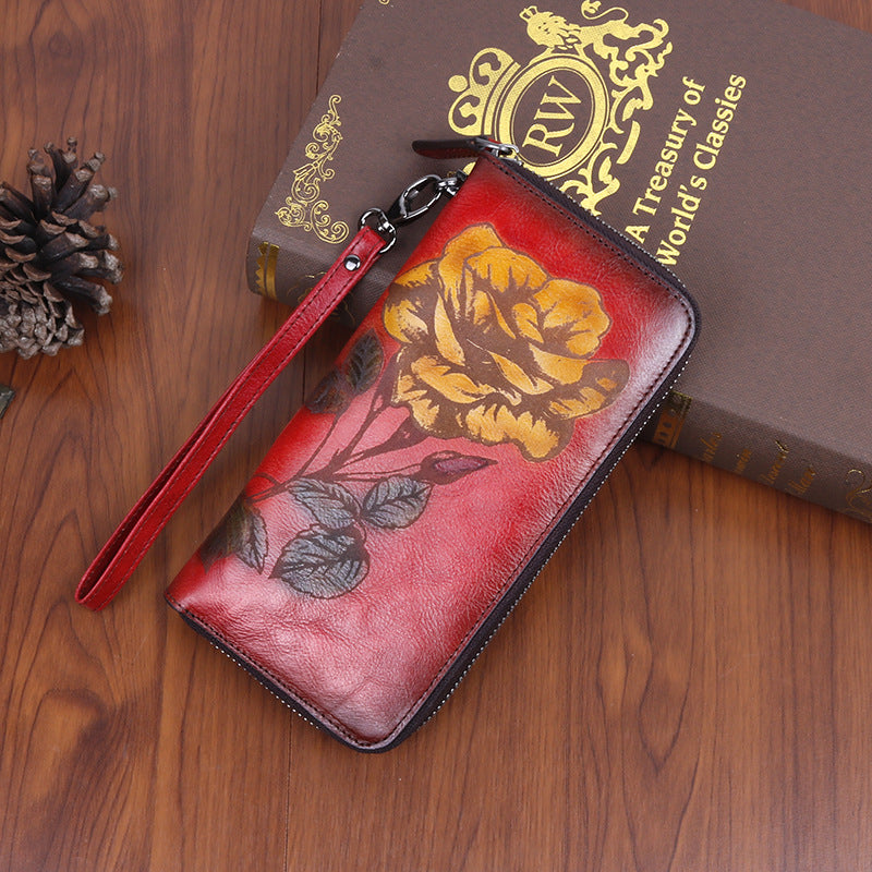 Women's Cowhide Long Zipper Printing Brushed Retro Ladies Wallets