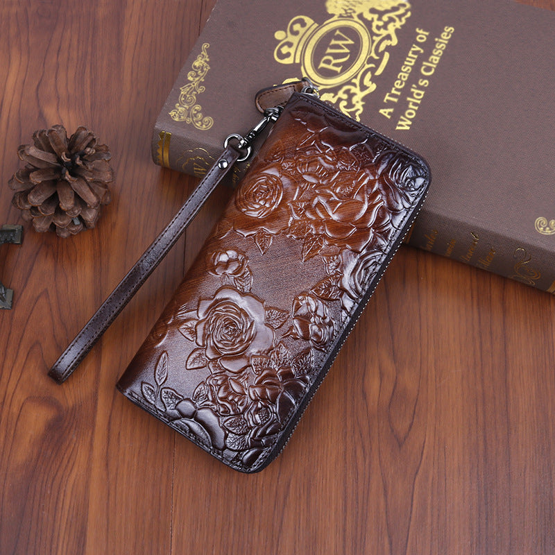 Women's Cowhide Retro Style Long Fashion Embossed Ladies Wallets