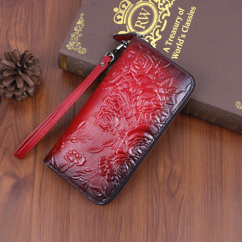 Women's Cowhide Retro Style Long Fashion Embossed Ladies Wallets