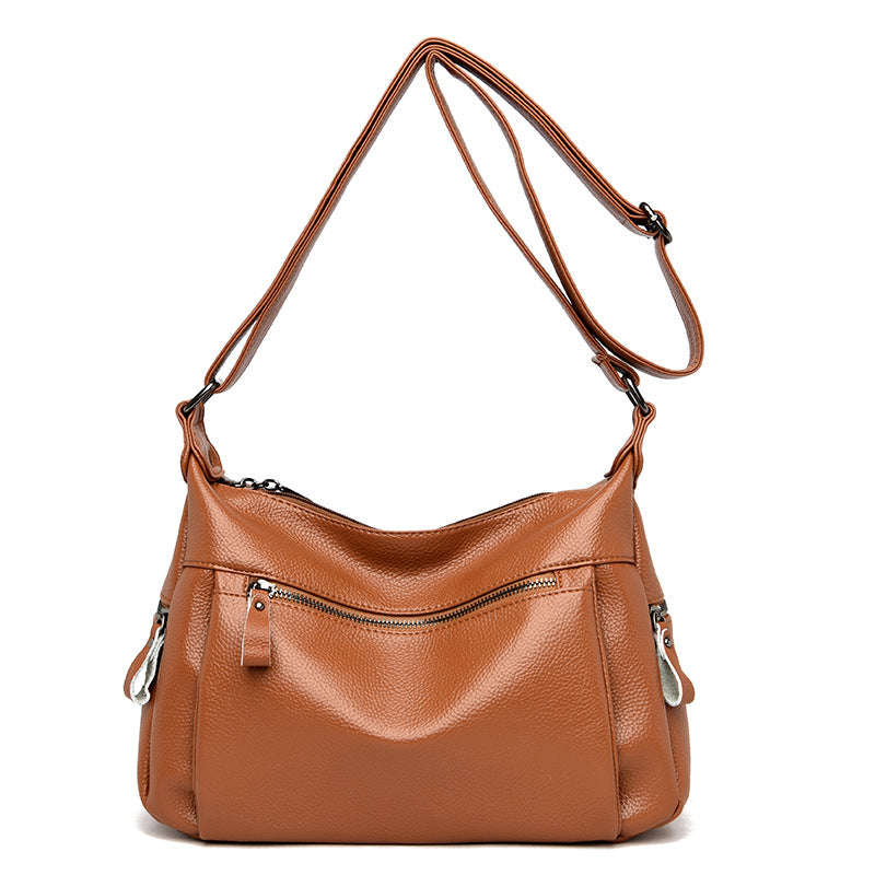 Women's Mom Cowhide Lychee Pattern Simple Soft Crossbody Bags