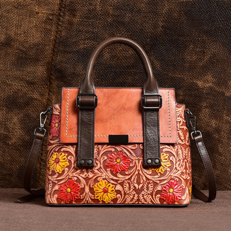 Women's Genuine Leather Retro Embossing Brushed Fashion First Layer Cowhide Handbags