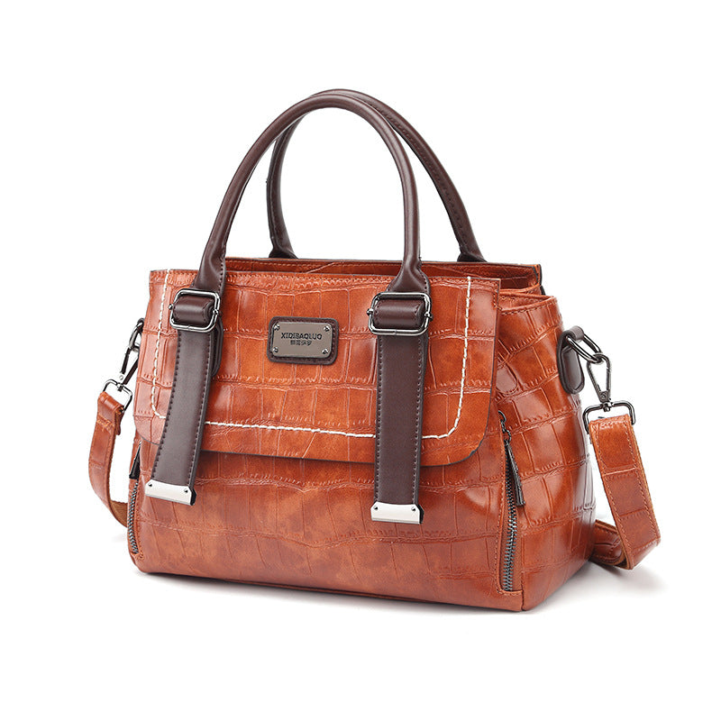 Women's Stone Pattern Contrast Color Oil Waxed Leather Bags