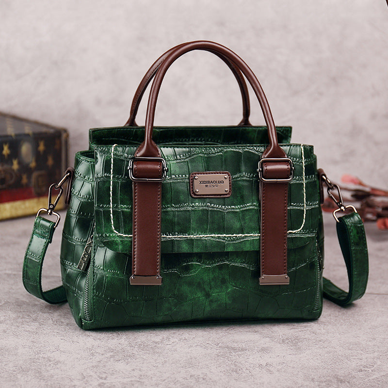 Women's Stone Pattern Contrast Color Oil Waxed Leather Bags