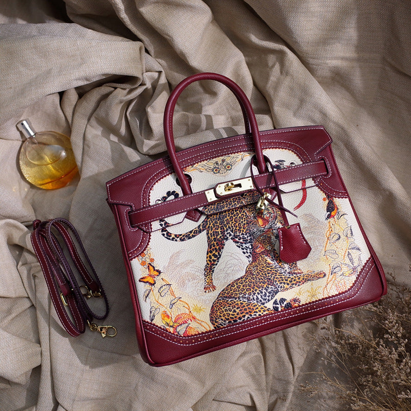 Women's Spoof Cartoon Iti Genuine Leather Contrast Shoulder Bags