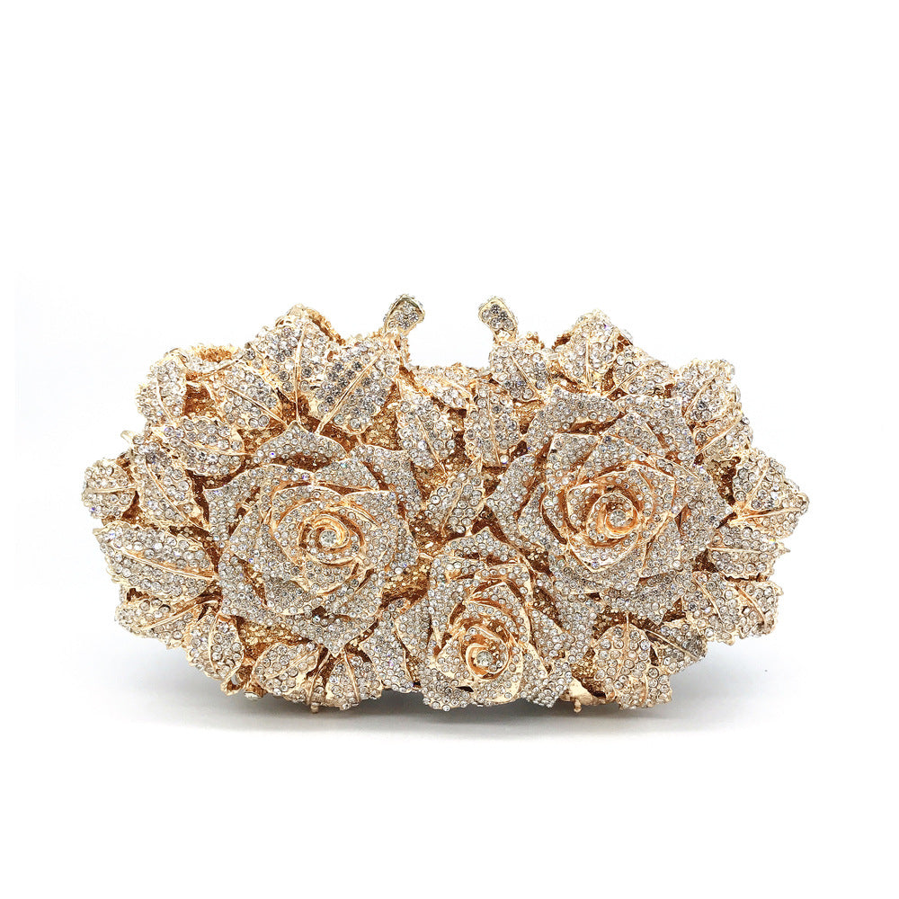 Women's Strict Selection Hollow Rose Diamond Dinner Metal Hard Evening Bags