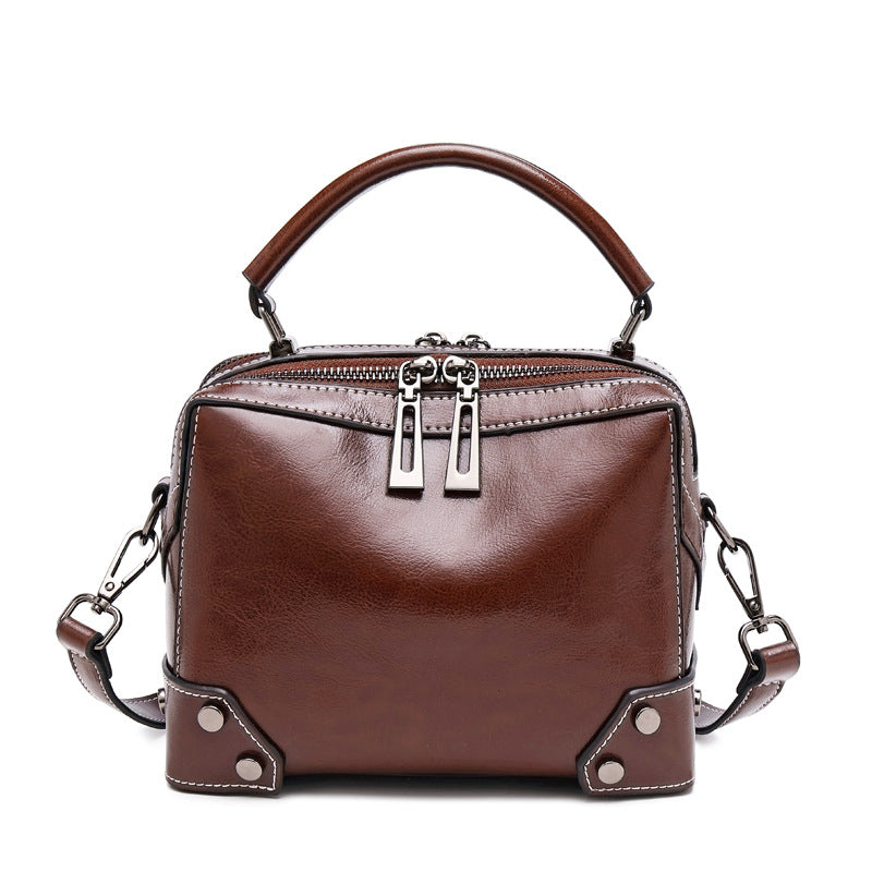 Women's Oil Wax Stitching Leather Fan Versatile Handbags