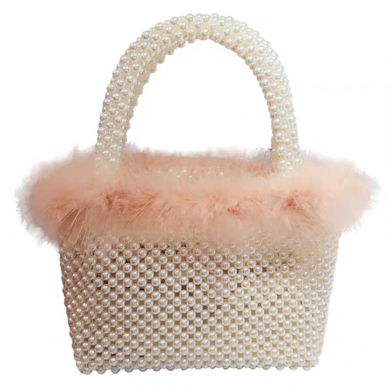 Women's Vegetable Basket Hand-woven Furry Beaded Pearl Handbags