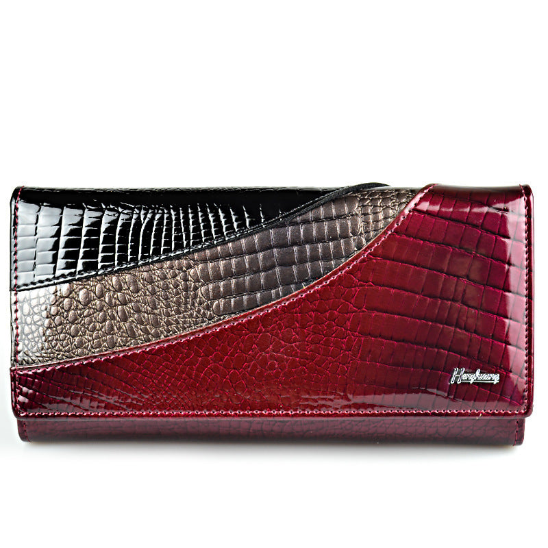 Women's Cowhide Patent Leather Snap Button Crocodile Ladies Wallets