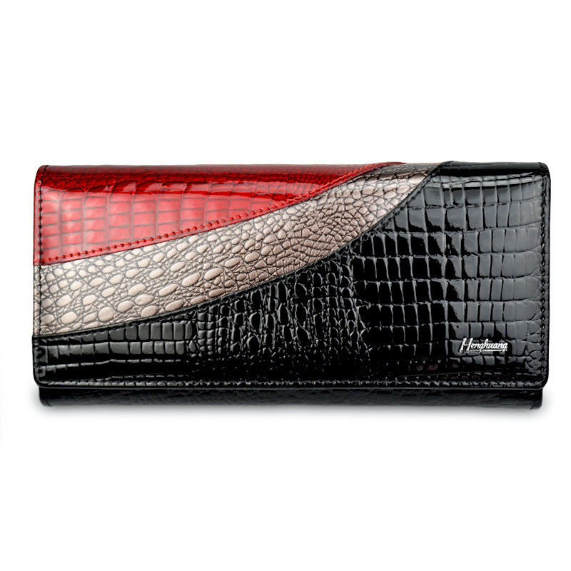 Women's Cowhide Patent Leather Snap Button Crocodile Ladies Wallets