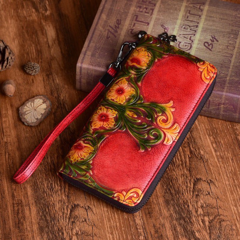 Women's First Layer Cowhide Retro Embossing Handmade Ladies Wallets