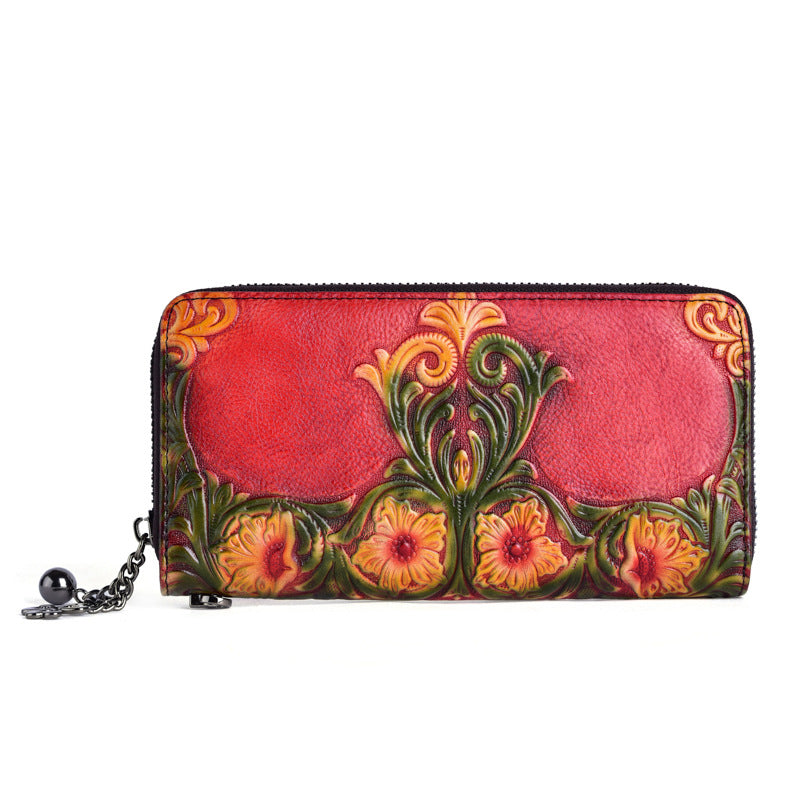 Women's First Layer Cowhide Retro Embossing Handmade Ladies Wallets