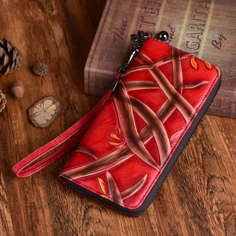 Source Fashion Embossing First Layer Cowhide Retro Ladies Wallets