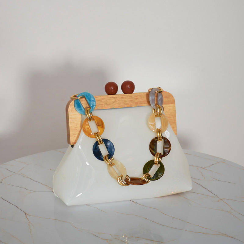Women's Stylish Korean Acrylic Wooden Clip Chain Crossbody Bags