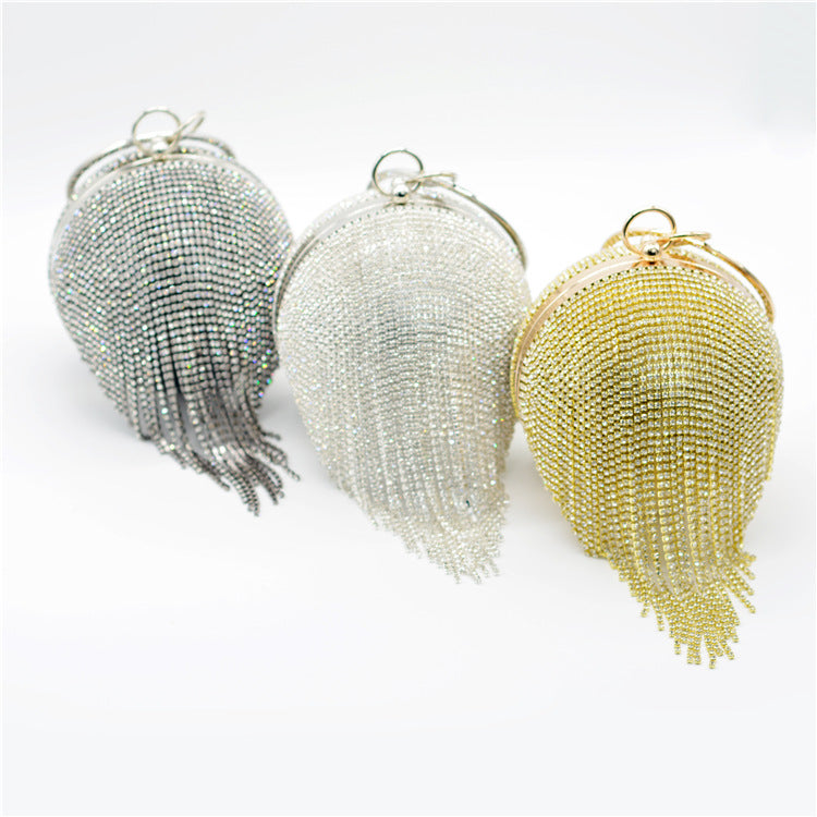 Women's Rhinestone Round Spherical Tassel Diamond Bead Evening Bags