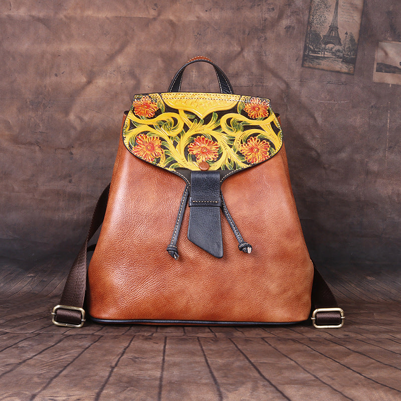 Women's Vintage First Layer Cowhide Embossed Personalized Backpacks