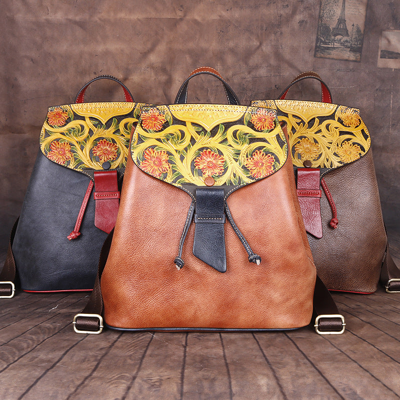 Women's Vintage First Layer Cowhide Embossed Personalized Backpacks