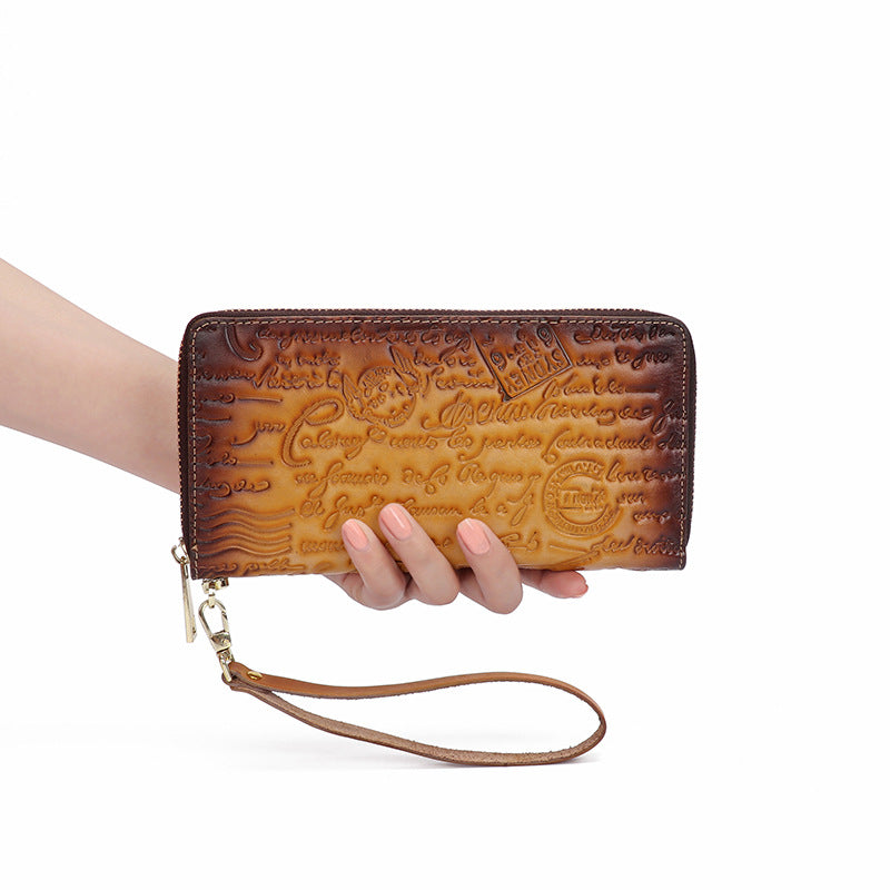 Women's Vintage Hand-held First Layer Cowhide Embossed Ladies Wallets