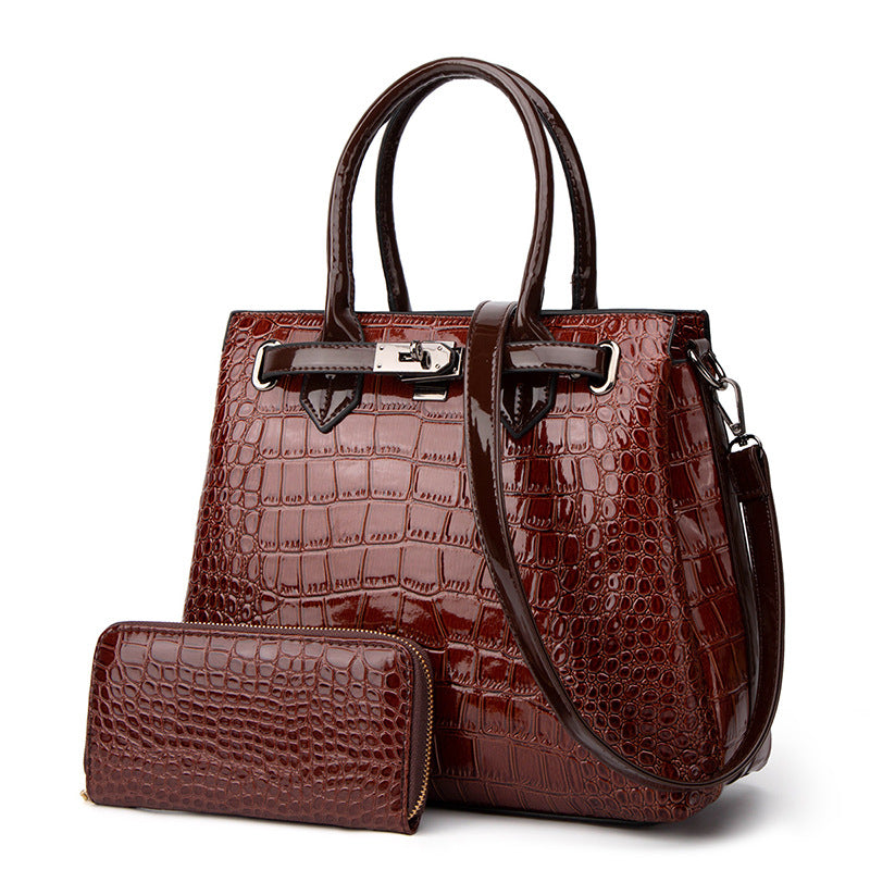 Women's Crocodile Pattern Patent Leather Two-piece Portable Handbags