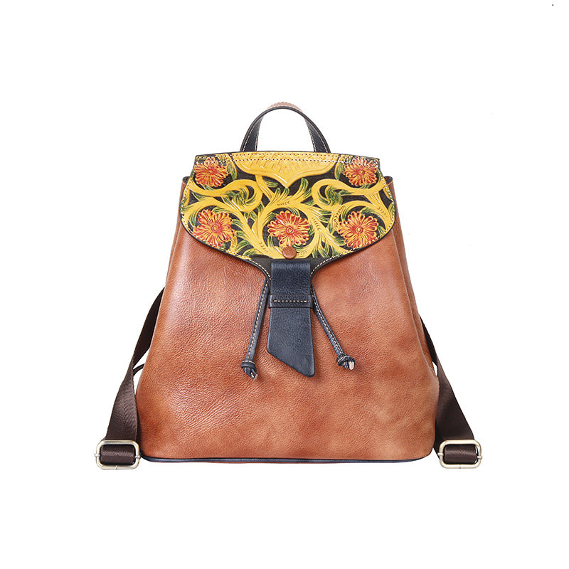 Women's Vintage First Layer Cowhide Embossed Personalized Backpacks